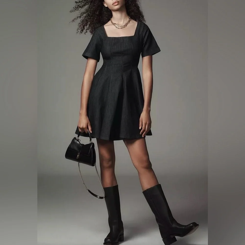 pilcro denim mini dress Pilcro 3/4 Sleeve Tiered Denim V-Neck Mini Dress at MarketFair Shoppes in  Princeton, NJ